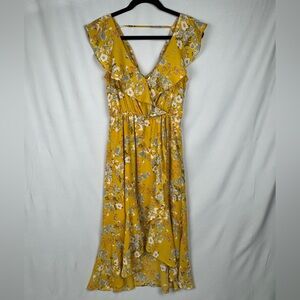 Yellow Floral Wrap Ruffle Dress